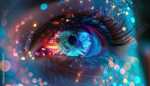 The Optical Biometrics Eye Futuristic Cyberspace Technology Neural Network with Beautiful Colors Scan