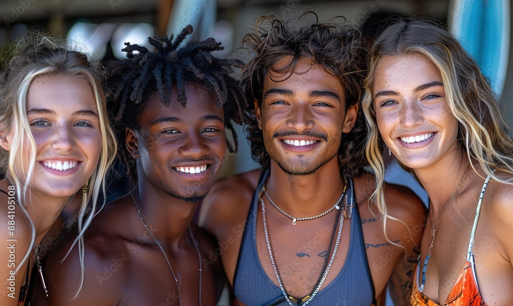Fototapeta premium Smiling at the camera, a group of best friends, including guys and girls, hang out together on a summer day, their laughter echoing as they enjoy each other's company.