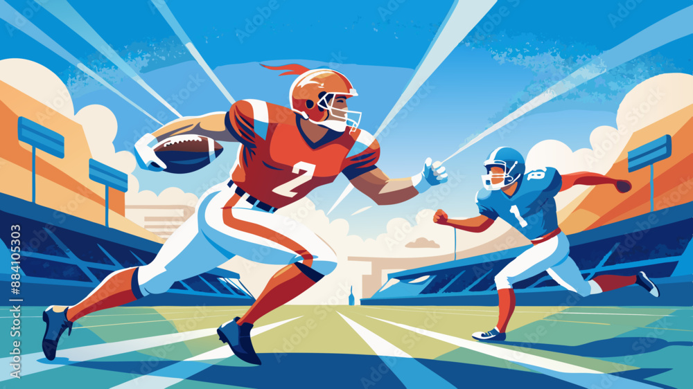 Obraz premium football player with ball Super bowl players versus. American football player. Sportsman with ball in helmet on stadium in action. Sport and motivation
