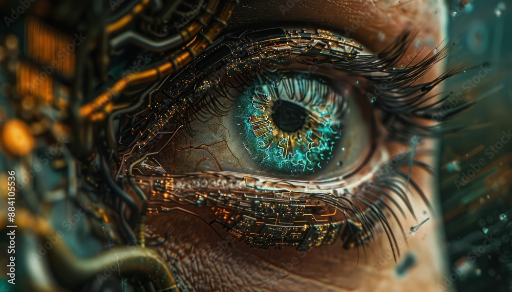 Naklejka premium The Optical Biometrics Eye Futuristic Cyberspace Technology Neural Network with Beautiful Colors Scan