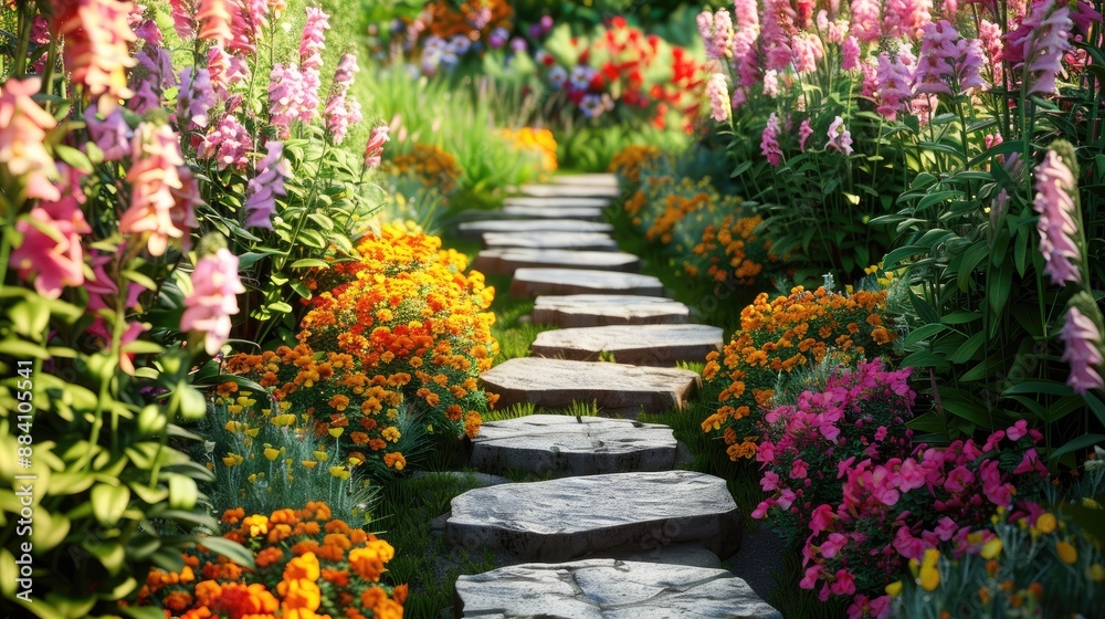 A serene garden pathway with stepping stones leading through a sea of blooming snapdragons and marigolds. A serene garden pathway with stepping stones leading through a sea of blooming snapdragons and marigolds.