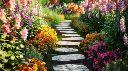 A serene garden pathway with stepping stones leading through a sea of blooming snapdragons and marigolds.