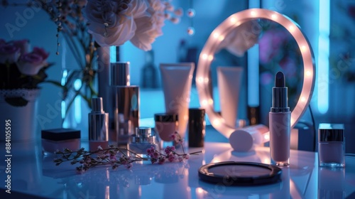 Cosmetics and Makeup Products on Vanity Table