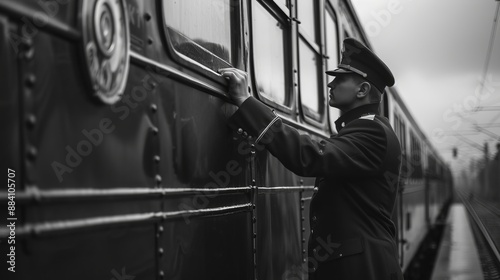 A monochromatic scene of a train worker in uniform checking a historic train carriage, evoking a sense of dedication and tradition amidst the rainy weather. photo