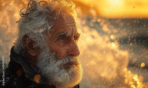 The old man sat by the sea, lost in contemplation. photo