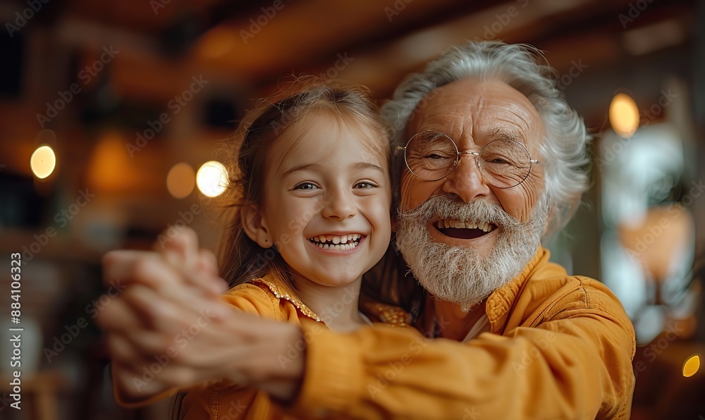 In a joyous domestic setting, a happy family dances together in the living room while a loving grandfather plays with his grandchild, capturing the essence of a sweet family life. In a joyous domestic setting, a happy family dances together in the living room while a loving grandfather plays with his grandchild, capturing the essence of a sweet family life.