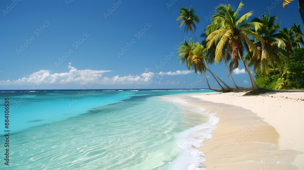 Idyllic tropical beach with turquoise waters, white sand, and lush palm trees, creating a relaxing and exotic atmosphere. Idyllic tropical beach with turquoise waters, white sand, and lush palm trees, creating a relaxing and exotic atmosphere.