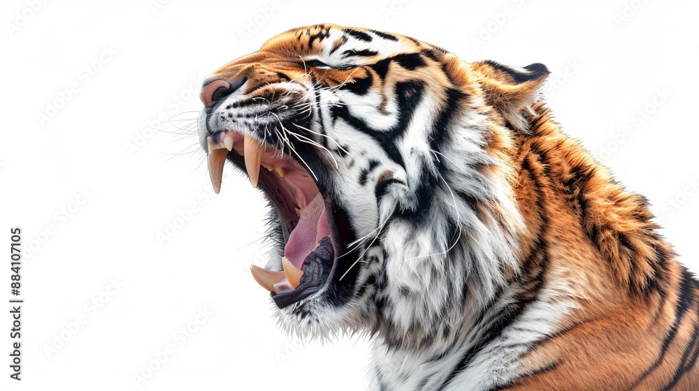 Obraz premium A side view illustration of a roaring tiger with its sharp fangs fully exposed. The menace and strength of the tiger are depicted with vivid detail and accuracy.