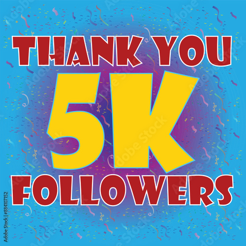 Thank You 5K Followers Vector Illustration with Confetti and Sky Blue Background