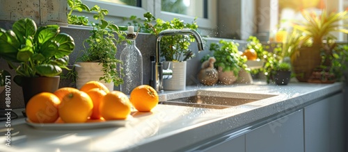 Kitchen Sink with Oranges and Plants