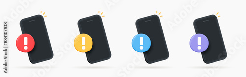 3D Phone with exclamation mark. Smartphone with important notification. Spam in email. Mobile error or problem. Alert message. Warning sign. Cartoon design icon set. 3D Vector illustration