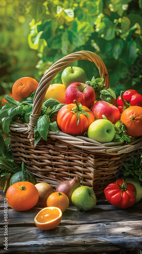 Rustic Handwoven Basket Filled With Fresh Organic Fruits and Vegetables, Symbolizing Healthy Living and Wholesome Nourishment