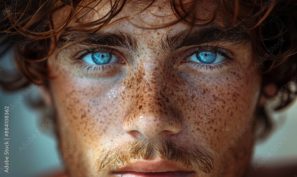 Obraz premium Handsome young Caucasian man looks into the camera in an outdoor half-face close-up portrait.