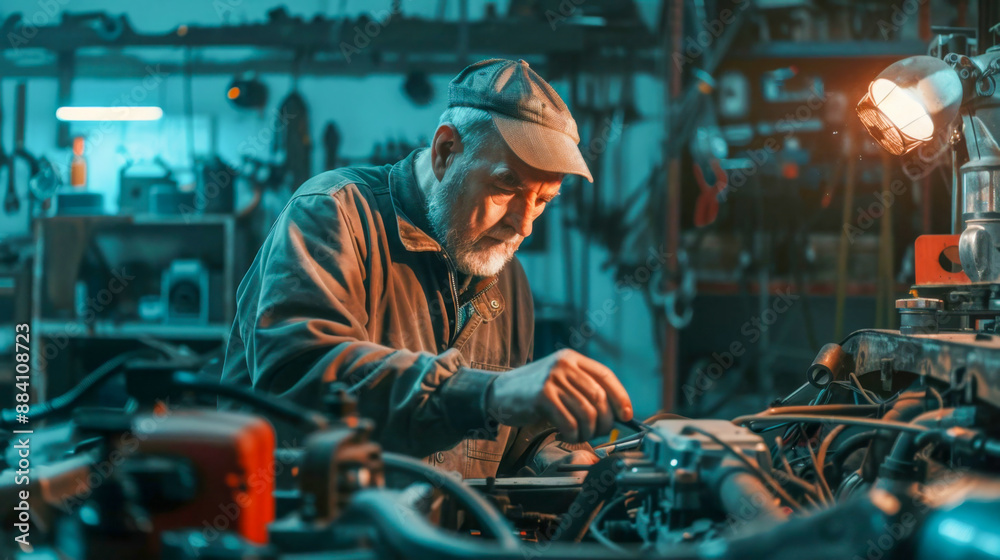 An older man focuses intently on repairing machinery in a dimly-lit workshop. This image symbolizes craftsmanship, dedication, and the art of manual labor. Ideal for blogs on trades, craftsmanship. An older man focuses intently on repairing machinery in a dimly-lit workshop. This image symbolizes craftsmanship, dedication, and the art of manual labor. Ideal for blogs on trades, craftsmanship.