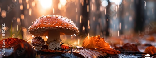  A mushroom, positioned in a forest, sports dewdrops on its cap and surrounds have leaves