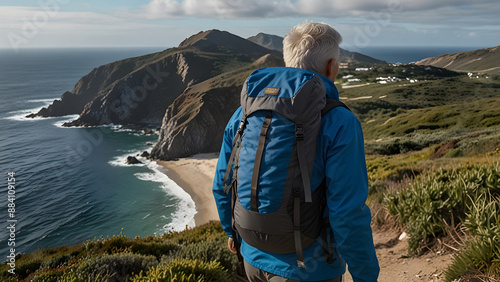 Man with backpack, grey hair, and blue jacket, enjoying view of ocean and mountains on coastal hike