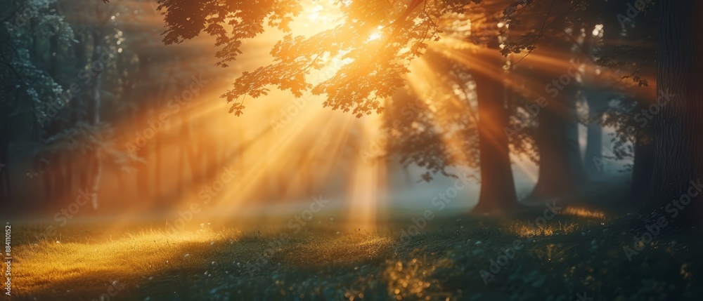 The sun shines brightly, piercing the fog in a wooded area Grass and trees populate the foreground The sun shines brightly, piercing the fog in a wooded area Grass and trees populate the foreground