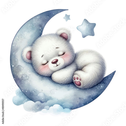 Cute sleeping bear on the moon. Children's vector watercolor illustration. Insulated interior sticker with outline, print.  Cut out