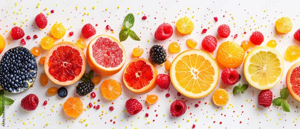 oranges, raspberries, and lemons nearby