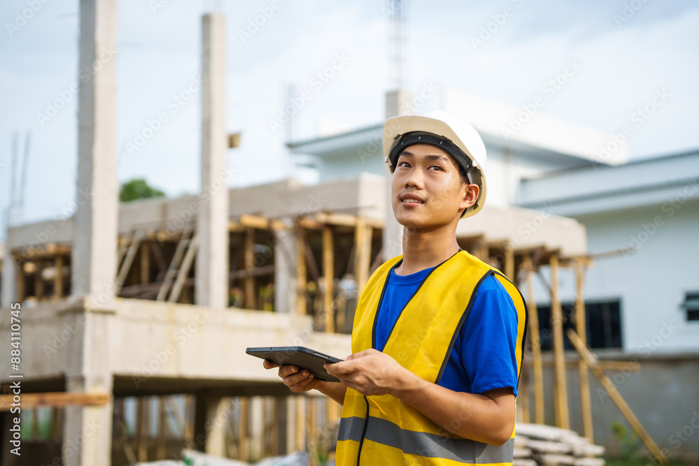 An architect, wearing a hardhat and safety vest, checks a laptop and house plan paper on a clipboard. Blueprints and construction documents lie nearby, emphasizing safety and precision in building. An architect, wearing a hardhat and safety vest, checks a laptop and house plan paper on a clipboard. Blueprints and construction documents lie nearby, emphasizing safety and precision in building.