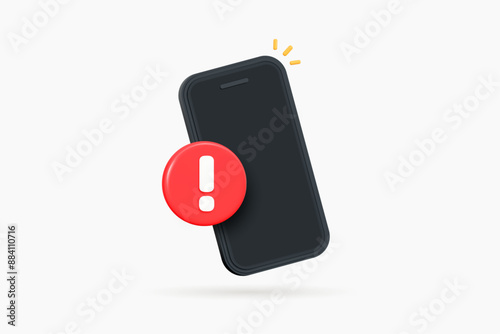 3D Phone with red exclamation mark. Smartphone with important notification. Spam in email. Mobile error or problem. Alert message. Warning sign. Cartoon design icon. 3D Vector illustration