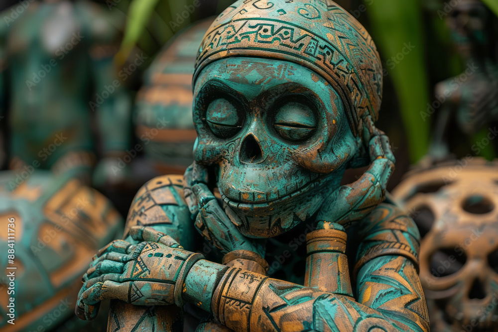 An Inca-inspired skeleton with intricate patterns, set against a minimalist dark green background, An Inca-inspired skeleton with intricate patterns, set against a minimalist dark green background,