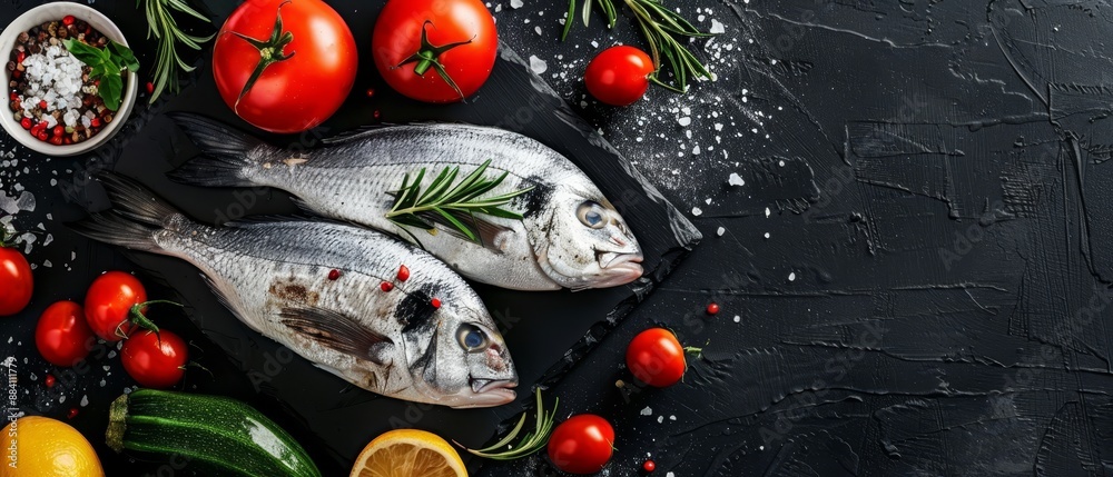 A few fish atop a table, next to bowls of sliced tomatoes and cucumbers A few fish atop a table, next to bowls of sliced tomatoes and cucumbers