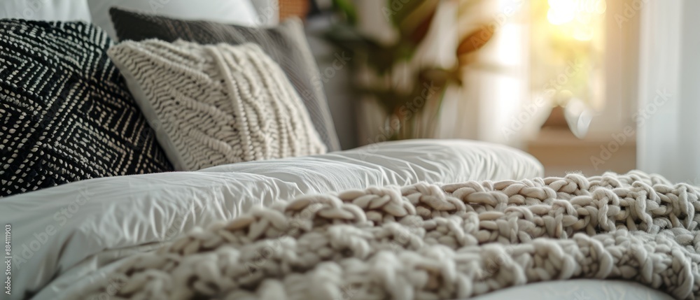 A tight shot of a bed, blanketed, with a potted plant visible in the background A tight shot of a bed, blanketed, with a potted plant visible in the background