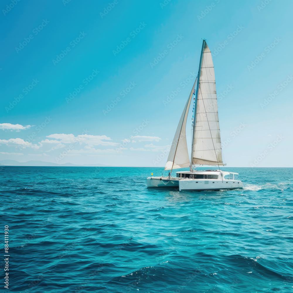 Fototapeta premium Catamaran against the background of the sea, sky, clouds. Travel, vacation, sailing.