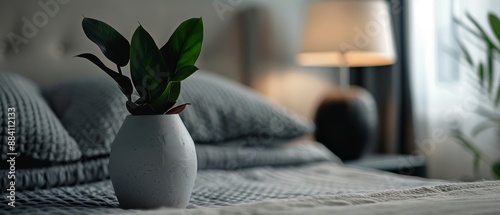  A white vase holds a green plant It rests on a bed, accompanied by pillows and a tableside lamp photo