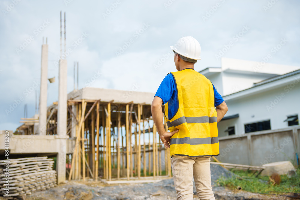 An architect, wearing a hardhat and safety vest, checks a laptop and house plan paper on a clipboard. Blueprints and construction documents lie nearby, emphasizing safety and precision in building. An architect, wearing a hardhat and safety vest, checks a laptop and house plan paper on a clipboard. Blueprints and construction documents lie nearby, emphasizing safety and precision in building.