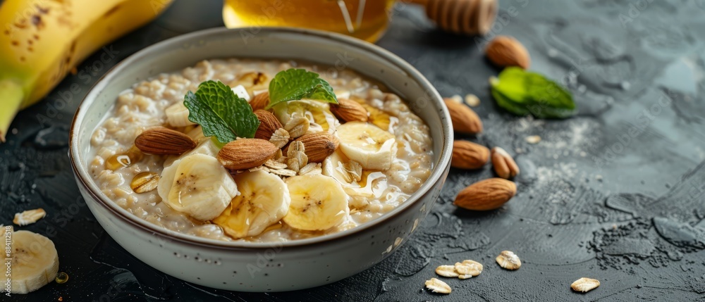 A bowl of oatmeal topped with sliced bananas, nuts, and a sprig of mint, next to a glass of honey A bowl of oatmeal topped with sliced bananas, nuts, and a sprig of mint, next to a glass of honey