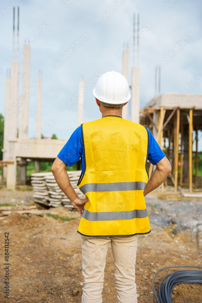An architect, wearing a hardhat and safety vest, checks a laptop and house plan paper on a clipboard. Blueprints and construction documents lie nearby, emphasizing safety and precision in building. An architect, wearing a hardhat and safety vest, checks a laptop and house plan paper on a clipboard. Blueprints and construction documents lie nearby, emphasizing safety and precision in building.