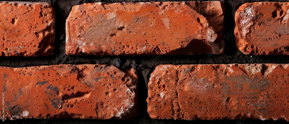 A tight shot of a red brick wall, displaying individual bricks with distinct cracks running through their centers A tight shot of a red brick wall, displaying individual bricks with distinct cracks running through their centers