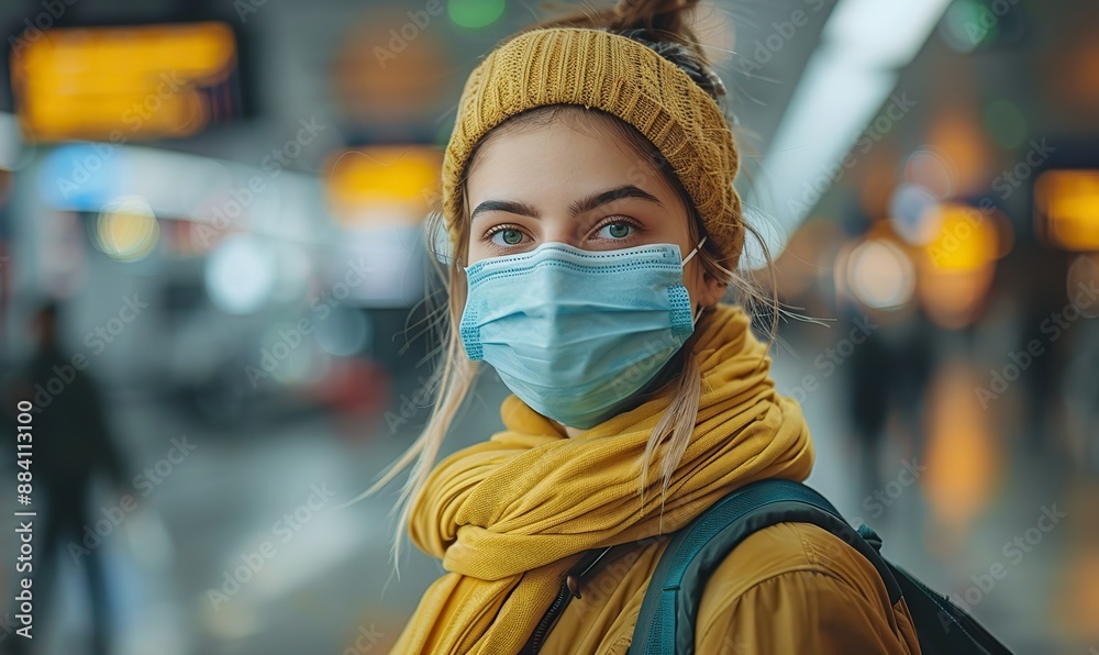 Unhappy tourist woman, wearing a face mask for COVID protection, experiences flight cancellation at the airport, reflecting the new normal concept. Unhappy tourist woman, wearing a face mask for COVID protection, experiences flight cancellation at the airport, reflecting the new normal concept.