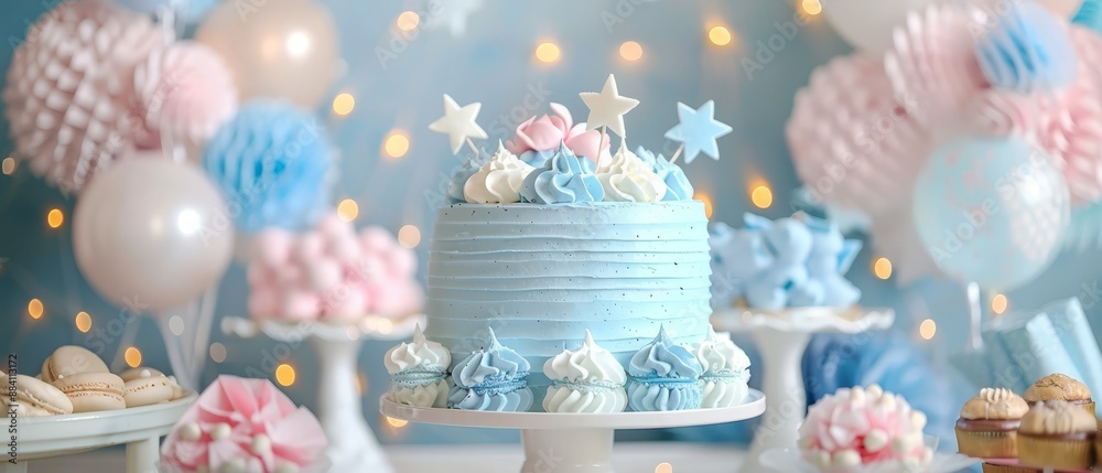 A blue-and-white cake sits atop a table, accompanied by cupcakes and additional cupcakes A blue-and-white cake sits atop a table, accompanied by cupcakes and additional cupcakes