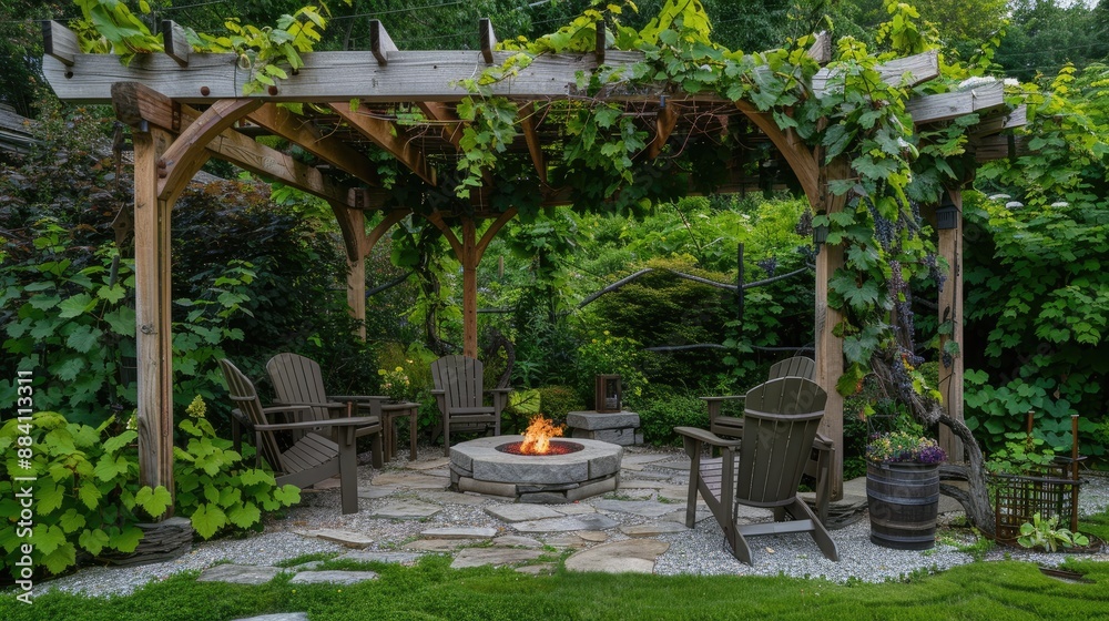 A serene garden with a wooden pergola covered in grapevines, a stone fire pit, and a seating area with Adirondack chairs. A serene garden with a wooden pergola covered in grapevines, a stone fire pit, and a seating area with Adirondack chairs.