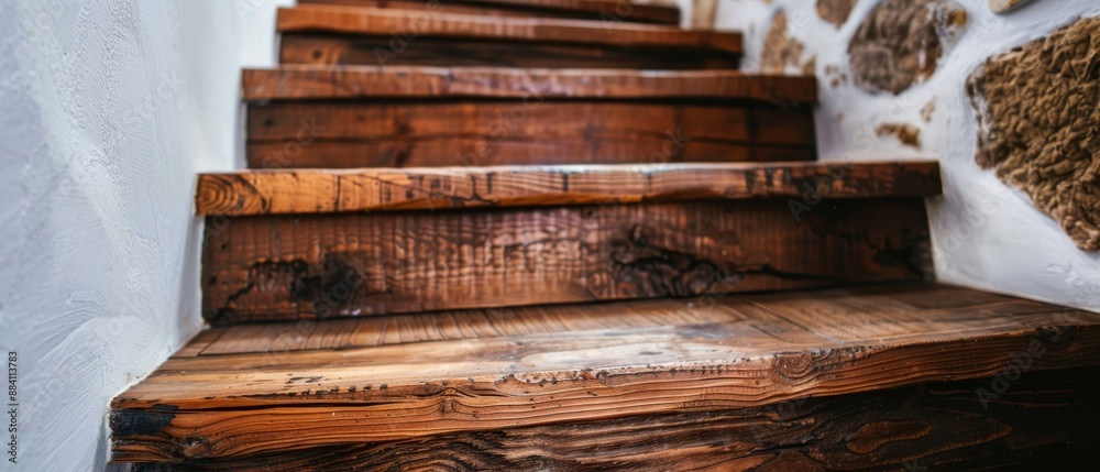 A tight shot of wooden stairs against a backdrop of textured wall Carpeted floor beneath A tight shot of wooden stairs against a backdrop of textured wall Carpeted floor beneath