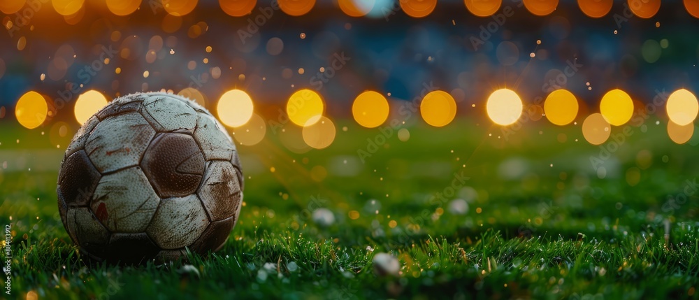 A tight shot of a soccer ball on a verdant lawn, surrounded by lights in the background hazy with bokeh A tight shot of a soccer ball on a verdant lawn, surrounded by lights in the background hazy with bokeh