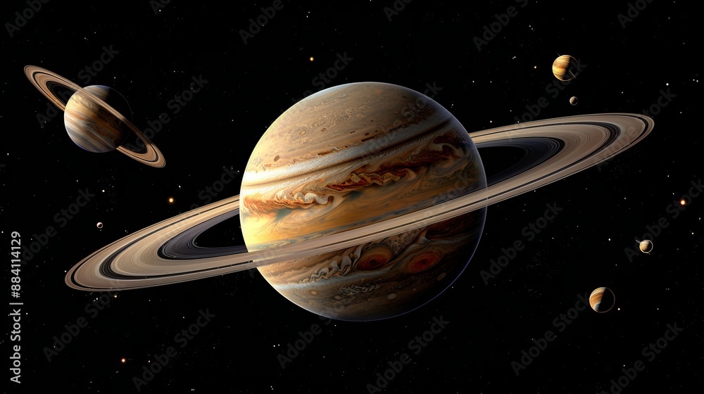 Naklejka premium A vivid illustration of Saturn highlighting its vibrant rings and numerous orbiting moons, set against the boundless blackness of space, capturing the planet's dynamic atmosphere.