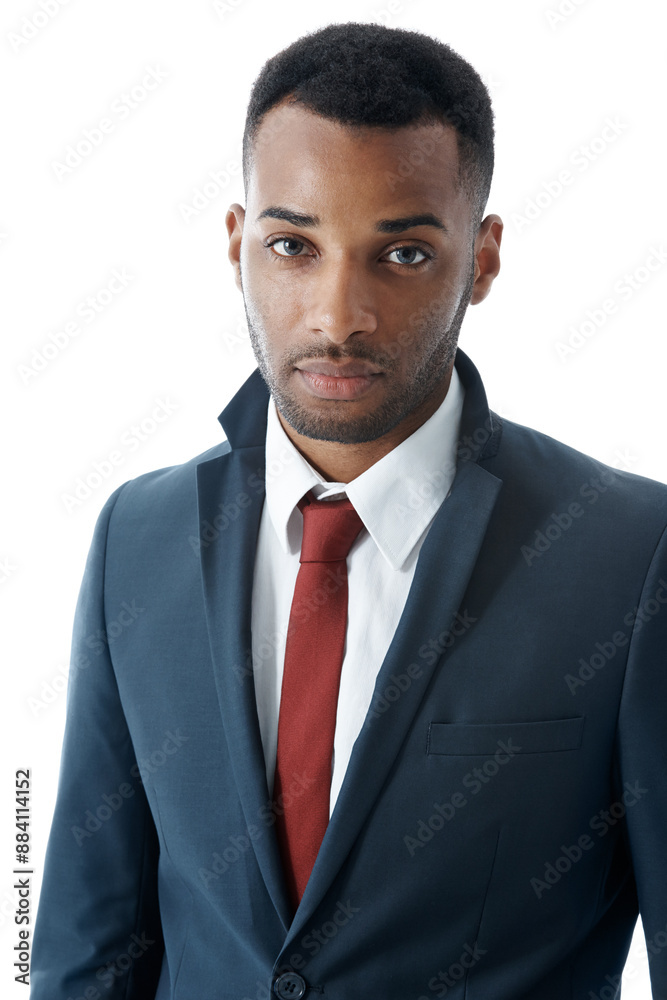 Fashion, serious and portrait of black man in studio with elegant, trendy and classy suit. Handsome, confident and African male person with stylish outfit for business isolated by white background. Fashion, serious and portrait of black man in studio with elegant, trendy and classy suit. Handsome, confident and African male person with stylish outfit for business isolated by white background.