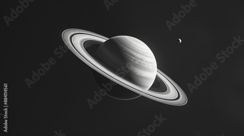 A monochromatic image capturing a ringed planet with a moon against the dark backdrop of space, highlighting the stark beauty and mystery inherent in the celestial realm. photo