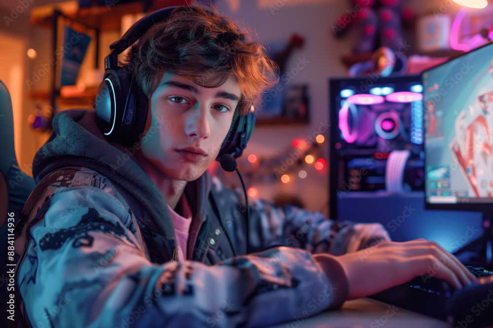Teen gamer streaming live from professional gaming setup Teen gamer streaming live from professional gaming setup