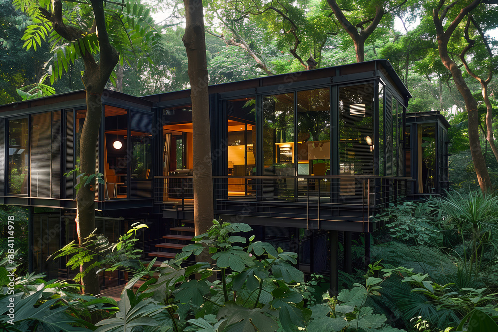 Modern house surrounded by lush forest