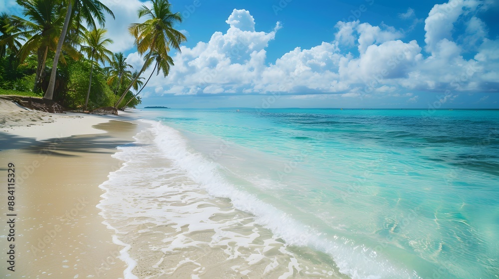 Idyllic tropical beach with turquoise waters, white sand, and lush palm trees, creating a relaxing and exotic atmosphere. Idyllic tropical beach with turquoise waters, white sand, and lush palm trees, creating a relaxing and exotic atmosphere.