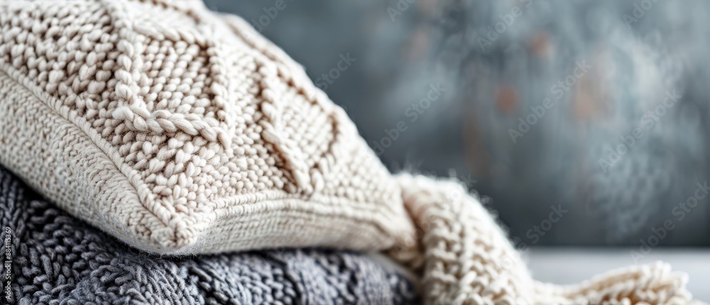 A stack of knitted blankets on a wooden floor by the window A stack of knitted blankets on a wooden floor by the window