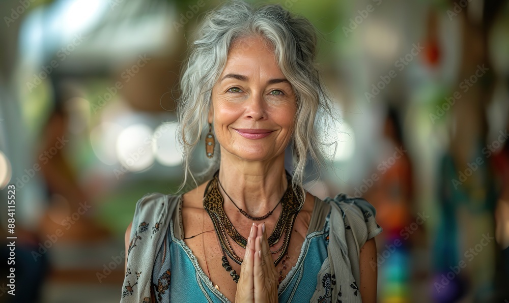 A close-up portrait of a joyful senior woman attending a yoga class. A close-up portrait of a joyful senior woman attending a yoga class.