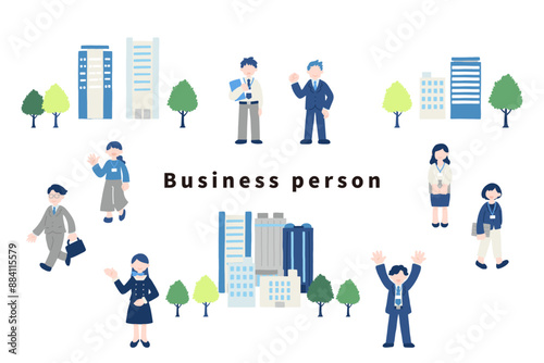 ビジネスパーソンと都会のビル群のフラットなイラスト（セット）
