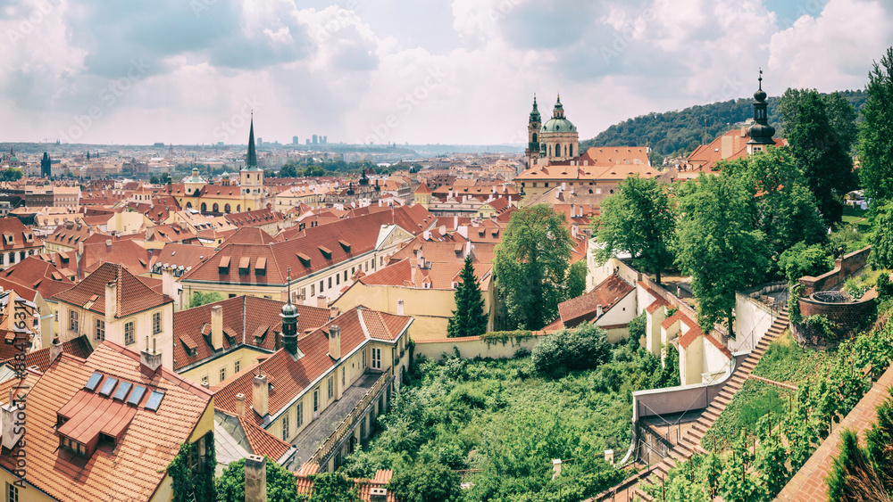 Obraz premium City summer landscape - top view of the Mala Strana (Little Side) of the historical district of Prague, Czech Republic