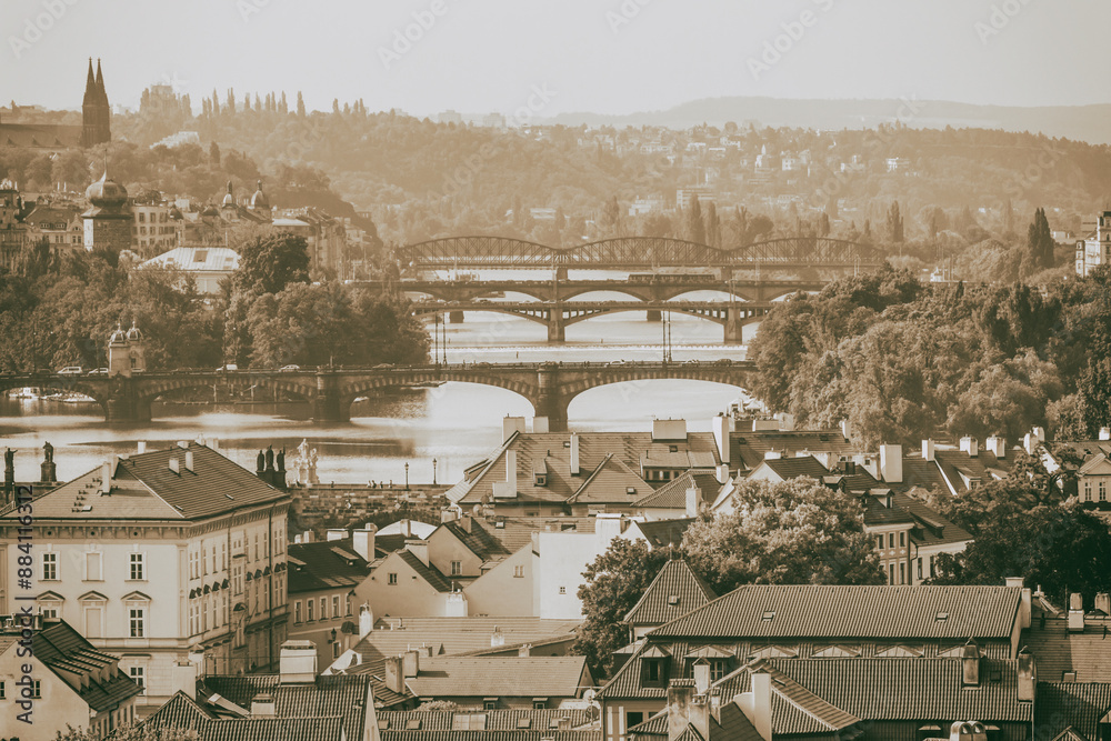 Obraz premium City summer landscape, in black-and-white color - top view of bridges over the River Vltava in the historical center of Prague, Czech Republic